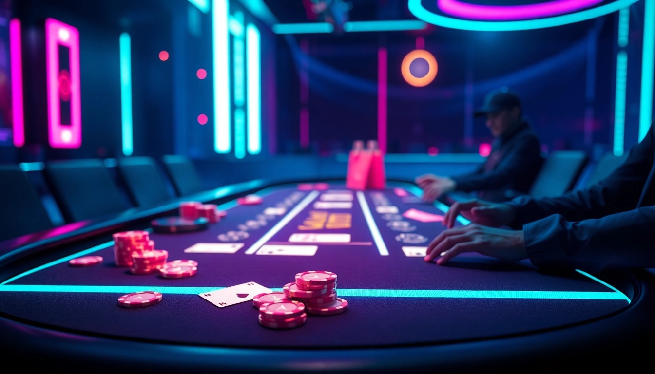 Experience thrilling gameplay at dark168 with a vibrant casino setting, featuring a blackjack table surrounded by colorful lights and cards.