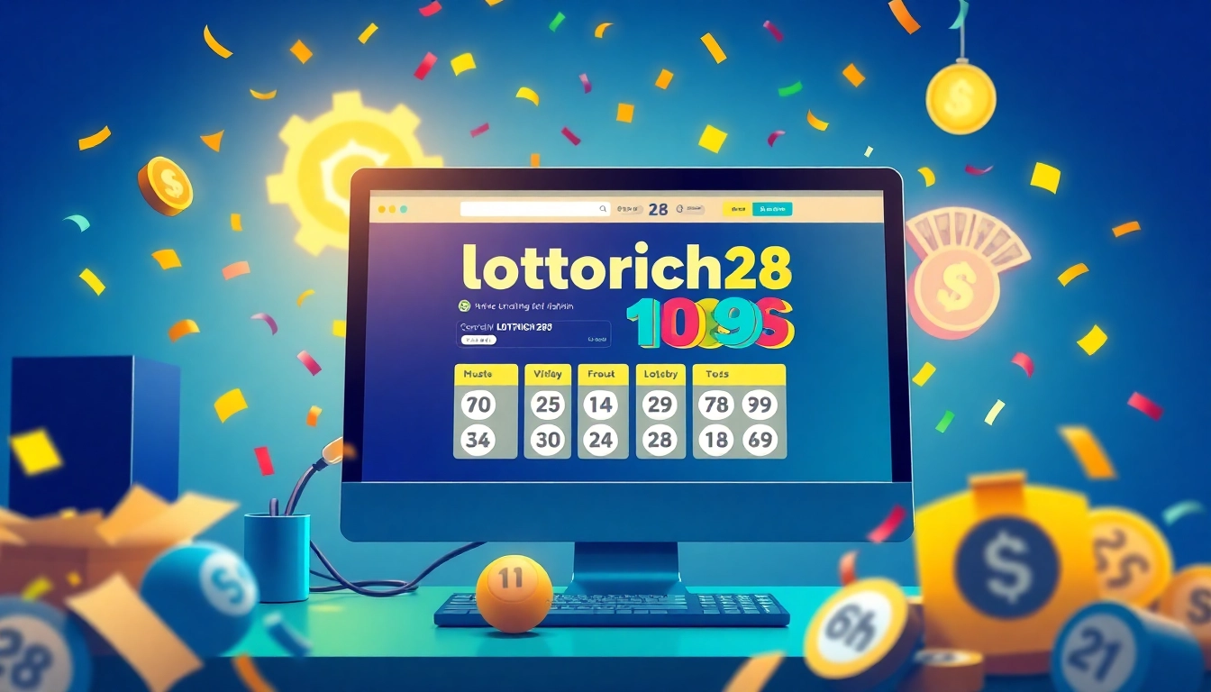 Discover the excitement of lottorich28 with an engaging online lottery scene featuring vibrant graphics and joyful elements.