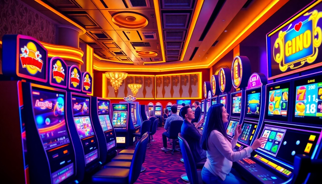 Experience thrilling gameplay at genie168 with vibrant slots in a luxurious casino setting.