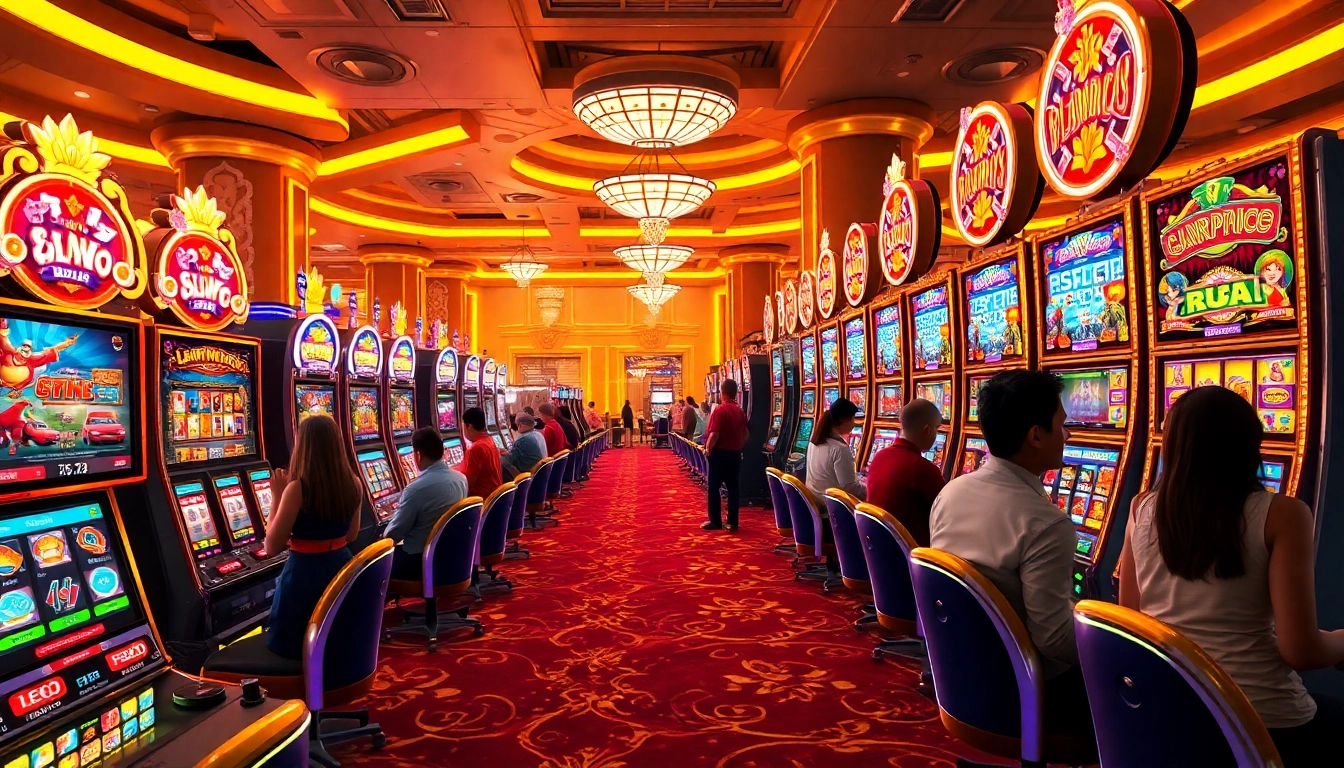 Experience thrilling gaming at lazywin888 with colorful slot machines and excited players in a vibrant casino.