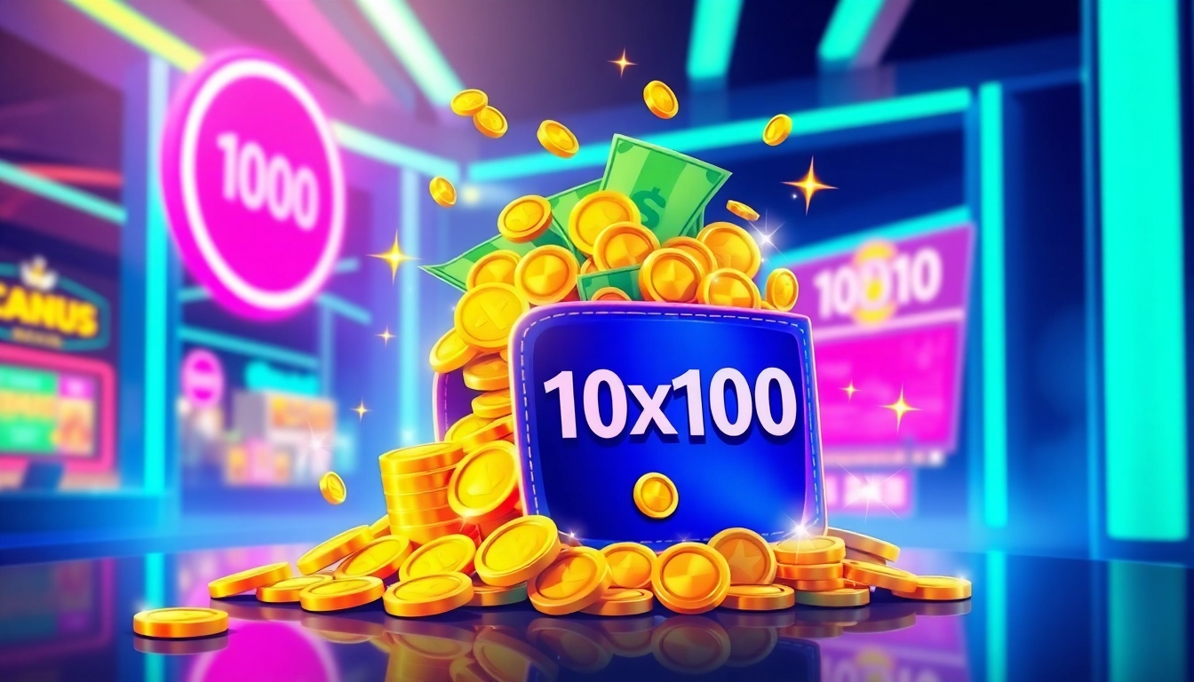 Celebrate a big win with 10รับ100 bonus displayed in a colorful digital wallet overflowing with cash.