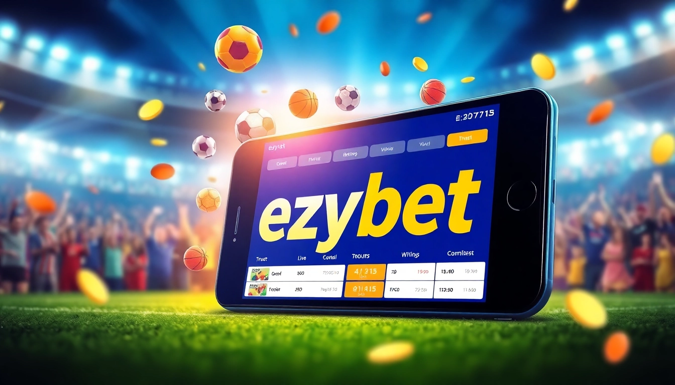 ezybet mobile betting platform with live sports betting elements and vibrant design.