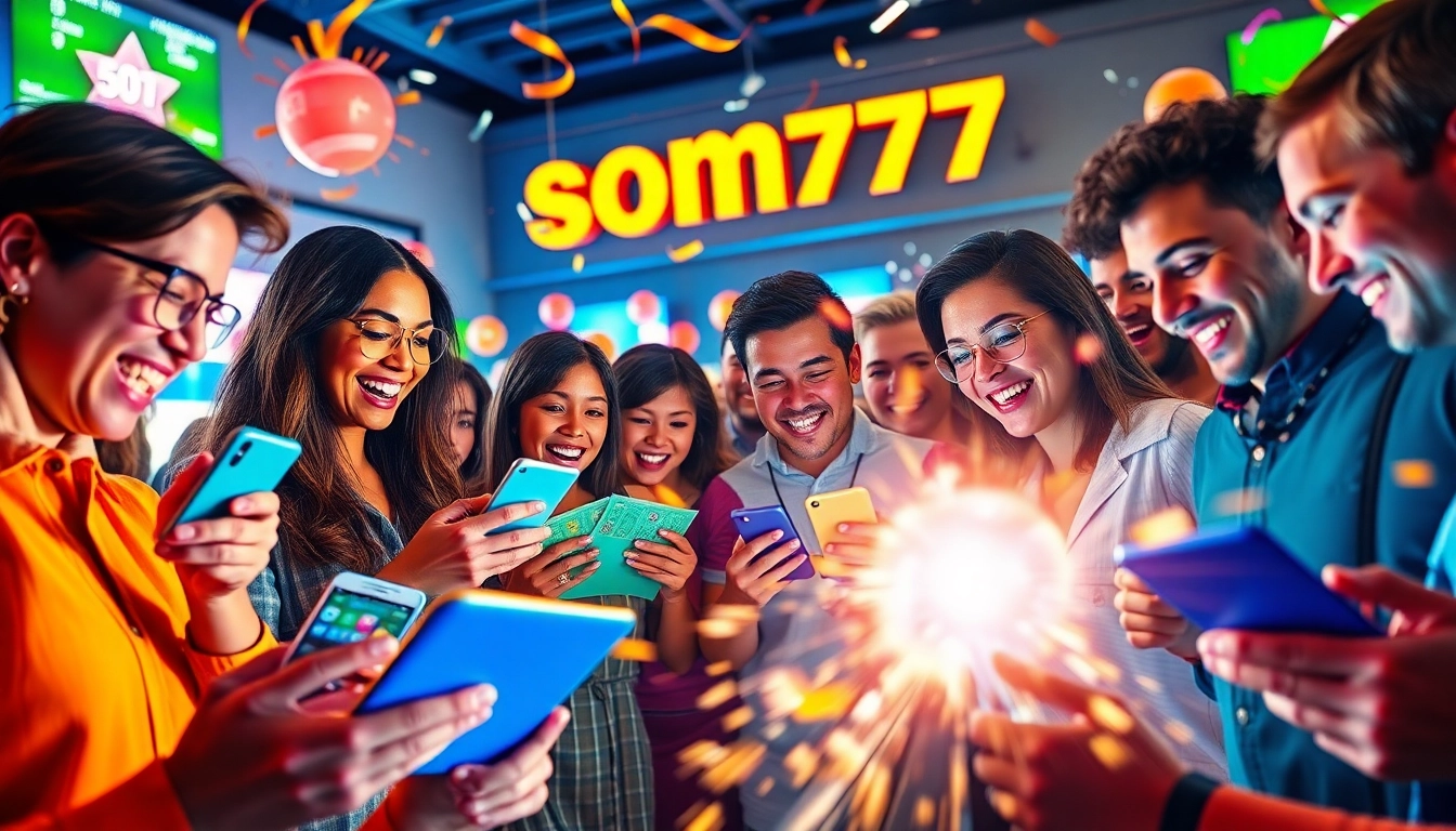 Experience som777's thrilling online lottery atmosphere with excited players and colorful tickets.