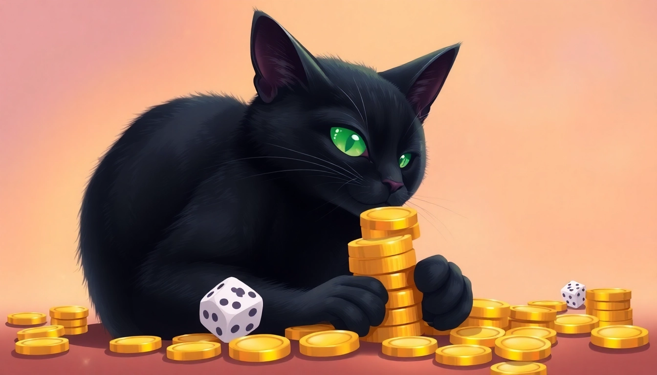 Playful black cat interacting with gold coins in the cat888 gaming theme illustration.