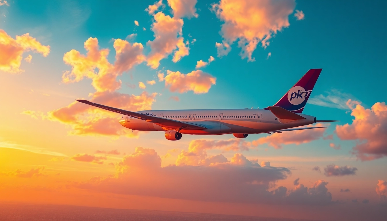 Experience the majestic flight pk789 as it soars through a vibrant sunset sky.