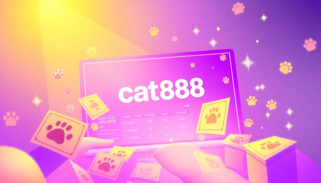 Engage with the cat888 online lottery platform featuring vibrant tickets and playful cat elements.