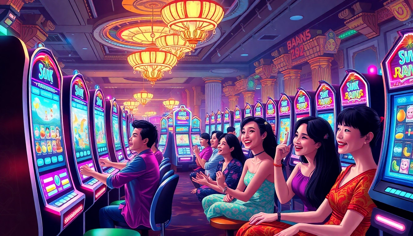 Experience the thrill of สล็อตออนไลน์ with players joyfully celebrating wins at a colorful casino.