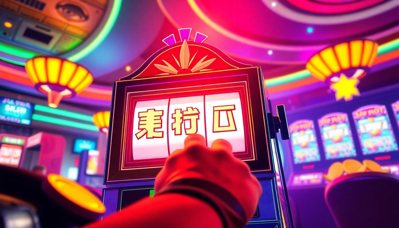 Experience the thrill of สล็อตทดลอง as a player spins a vibrant slot machine, ready for adventure.