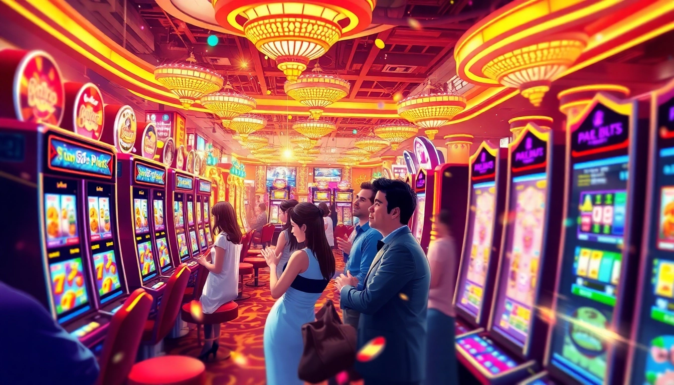 Experience the thrill of เว็บสล็อต among diverse players enjoying vibrant slot machines in an exciting casino setting.