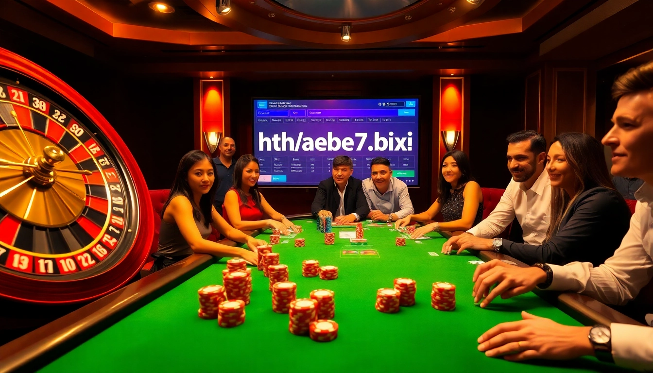 Engaged players at a vibrant casino scene featuring poker chips, cards, and the site https://thabet7.biz/ for online betting options.