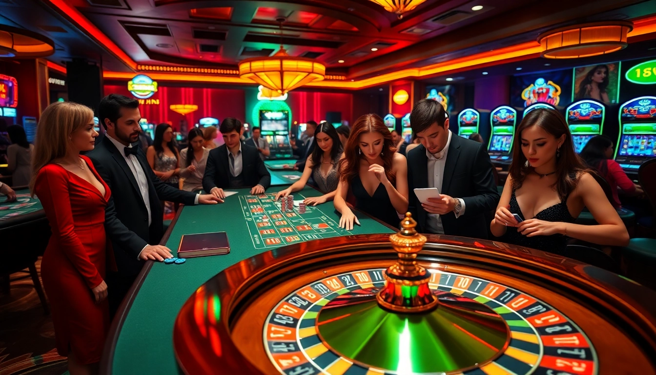 Players enjoying a thrilling roulette game at w 88 casino, highlighted by vibrant lights and betting excitement.