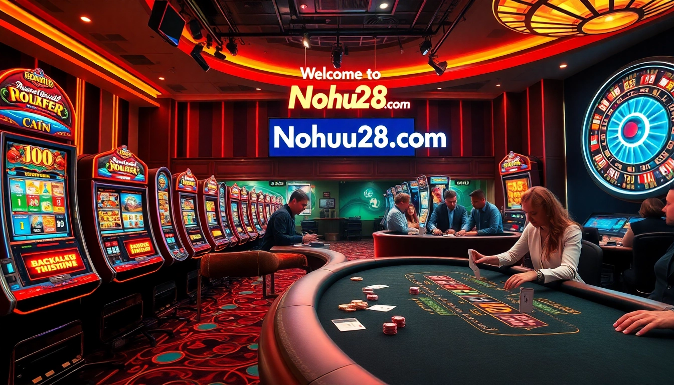 Thrilling atmosphere at Nohu28 com casino with poker tables and slot machines.