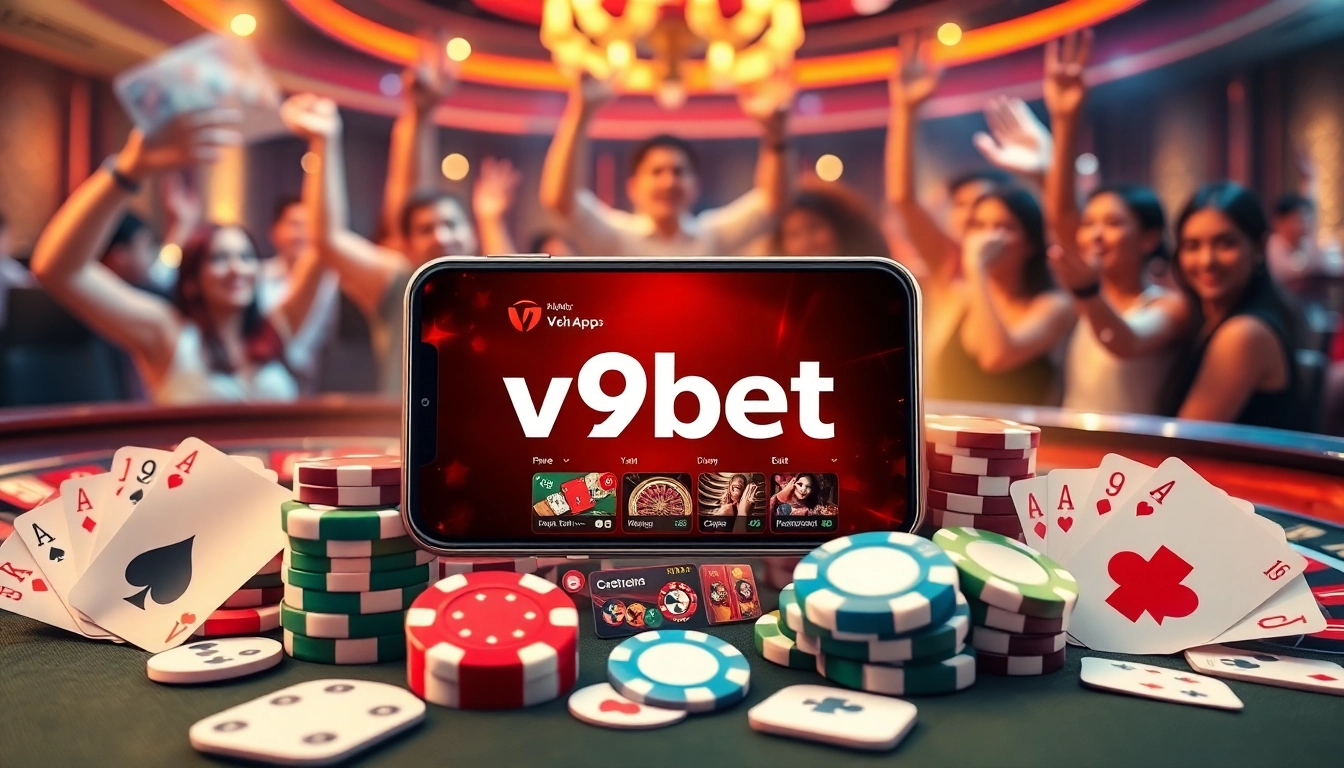 Players excitedly use their smartphones to tải app v9bet for an ultimate online casino experience, surrounded by poker chips and cards.
