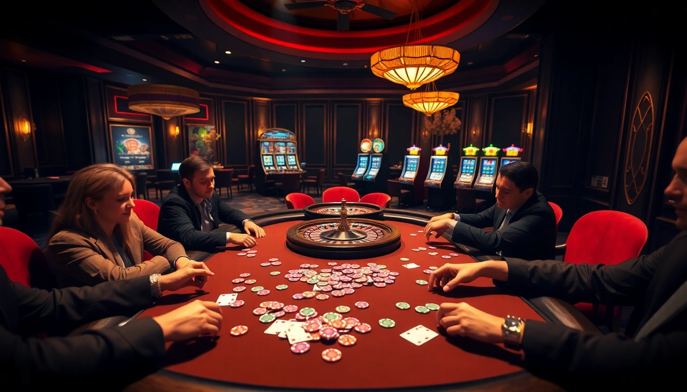 Engaging players at a casino poker table with chips and cards showcasing the thrill of https://shbets.net/ gambling experiences.