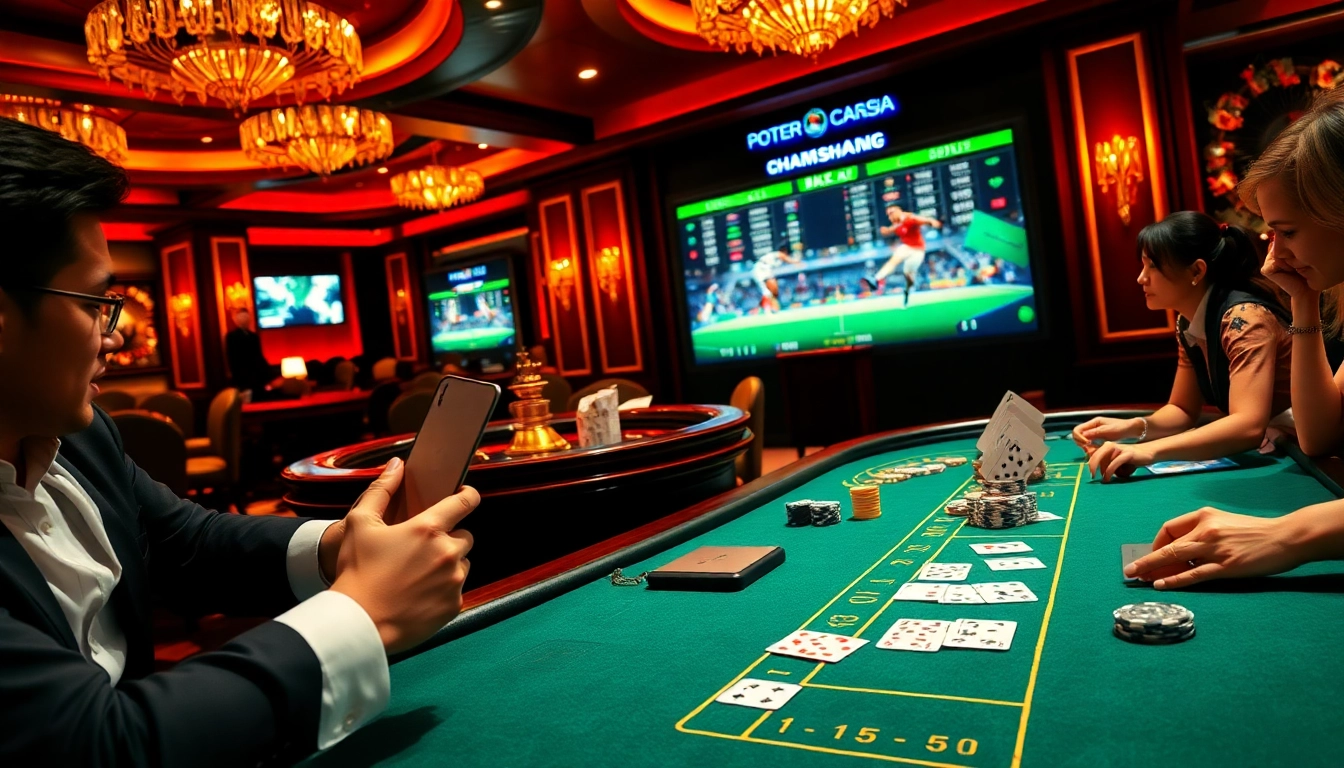 Players engage in kèo nhà cái betting at a bustling casino table showcasing excitement and strategy.