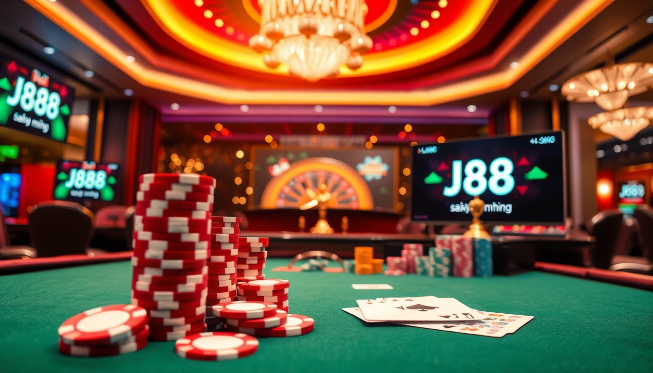 Experience the thrill of a poker game with J88 đăng nhập as players bet with colorful chips and vibrant cards.