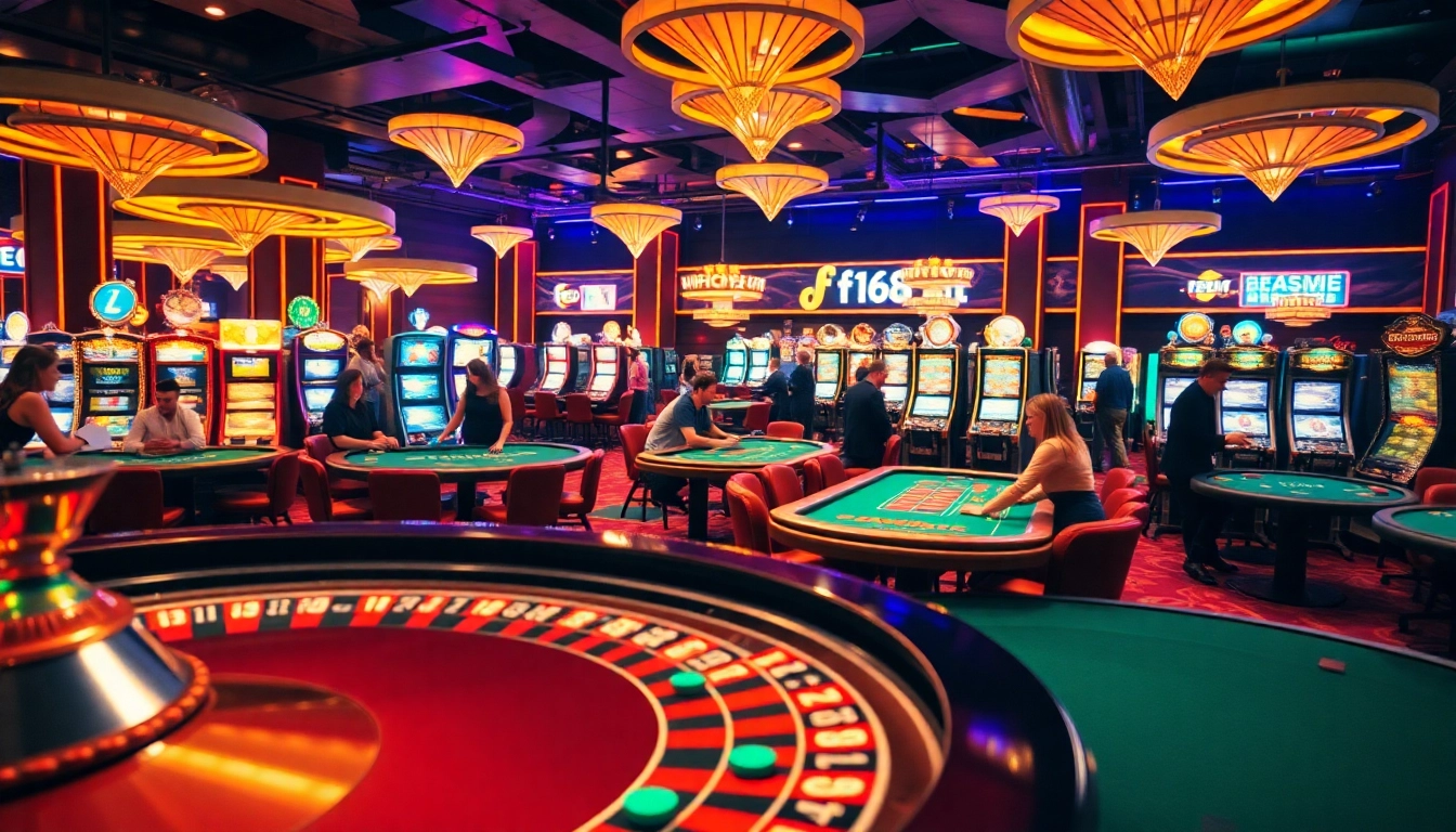Experience the exhilarating energy of f168.fit, where players engage at roulette tables and vibrant slot machines.