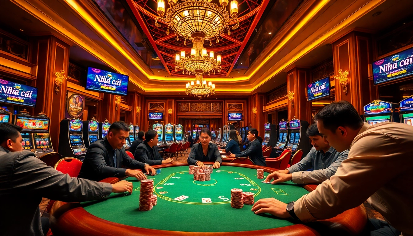 Exciting poker scene at a casino highlighting Nhà cái uy tín, players engaged in high-stakes action.