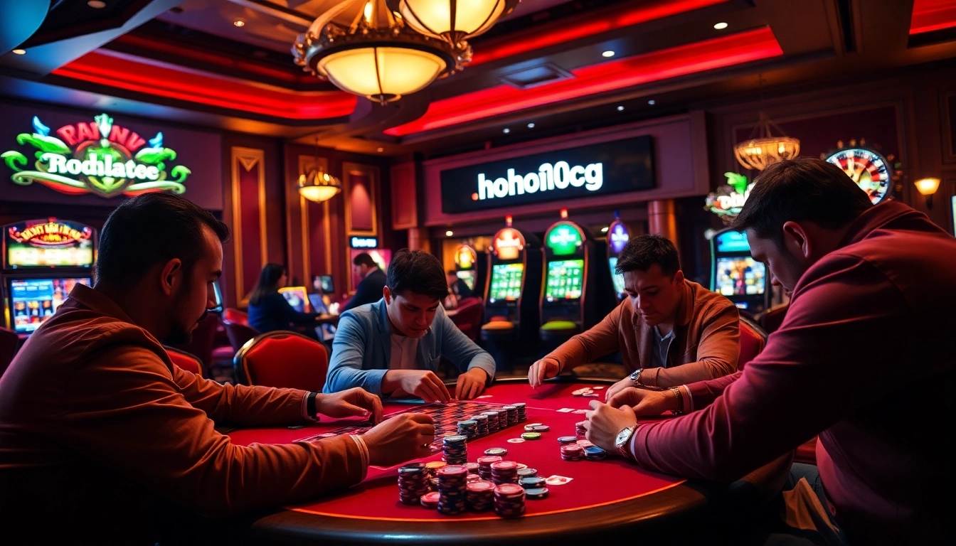 Experience intense poker action at https://nohu90g.com with players surrounded by colorful chips and a roulette wheel.