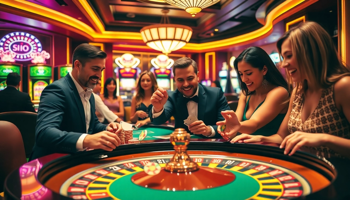 Engaging players at the poker table embodying the thrill of game bài đổi thưởng in a luxurious casino atmosphere.