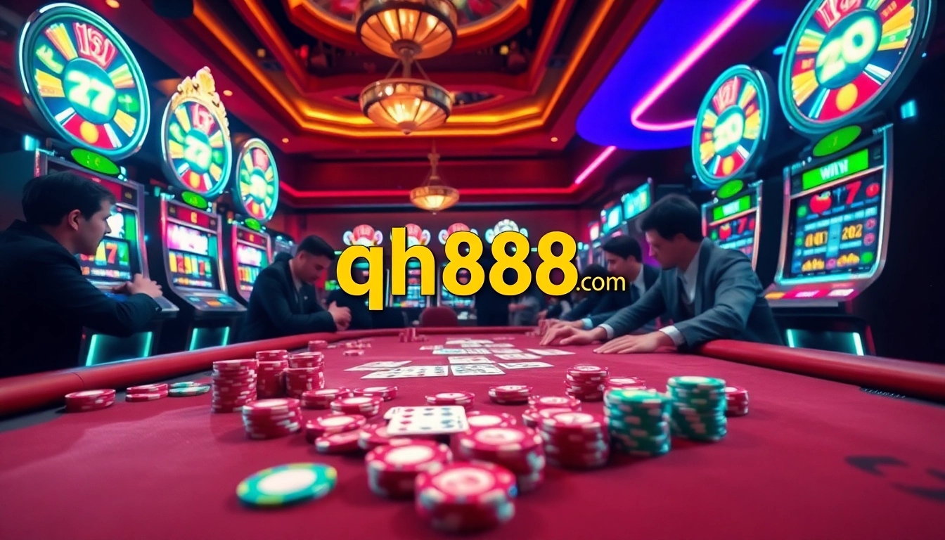 Experience the thrill of gambling at qh88 com with players at an intense poker game surrounded by colorful casino elements.