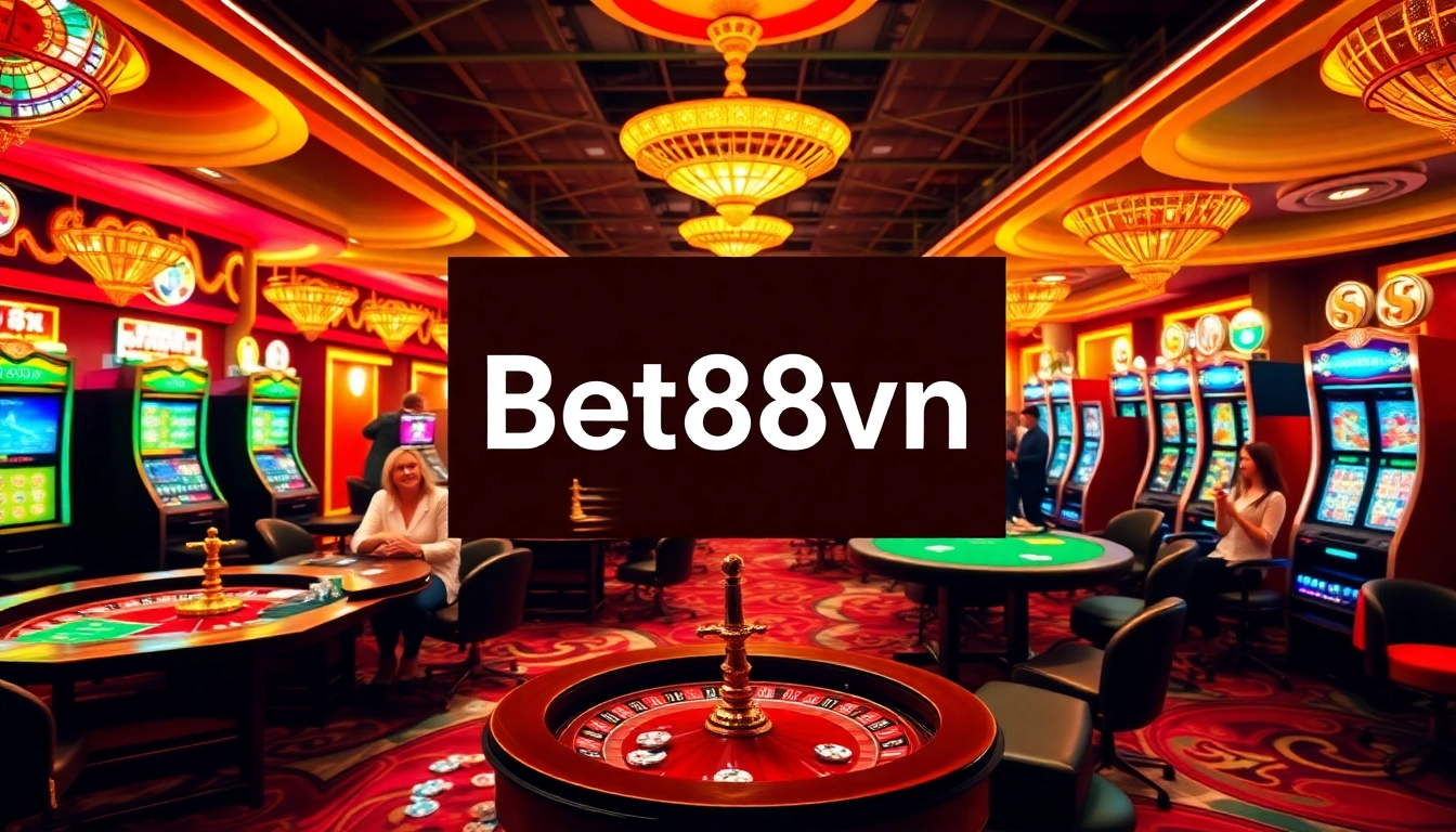 Experience the thrill of Bet88vn in this lively casino scene, featuring poker tables and vibrant slot machines.