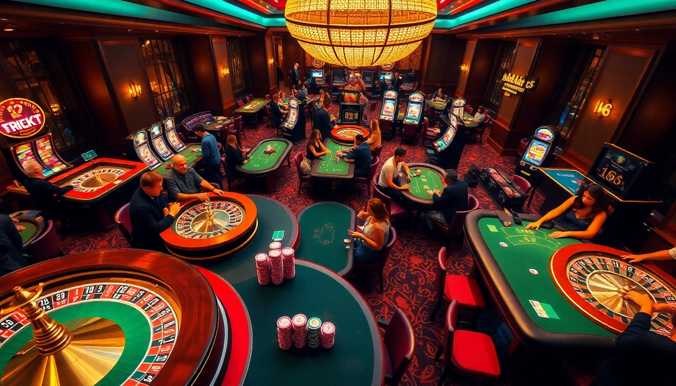 Players at a luxury casino engage in high-stakes games, showcasing F 168 betting chips among colorful cards and roulette tables.