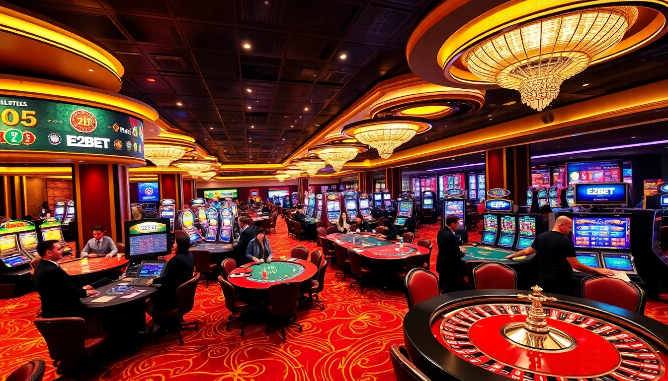 E2BET casino players engaging in thrilling table games, winning exciting prizes.