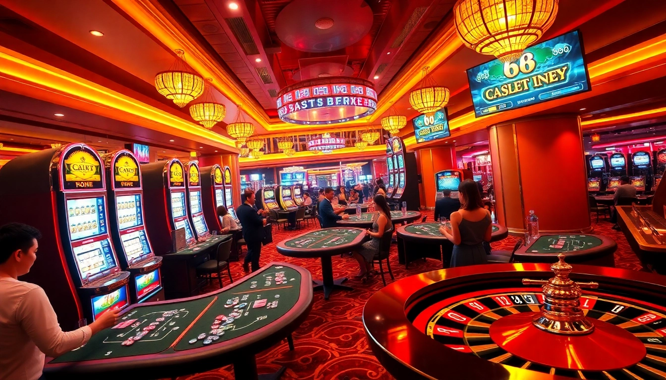 Witness the action of players enjoying casino games and winning at https://68gamebai.download/, with vibrant slot machines and poker tables.