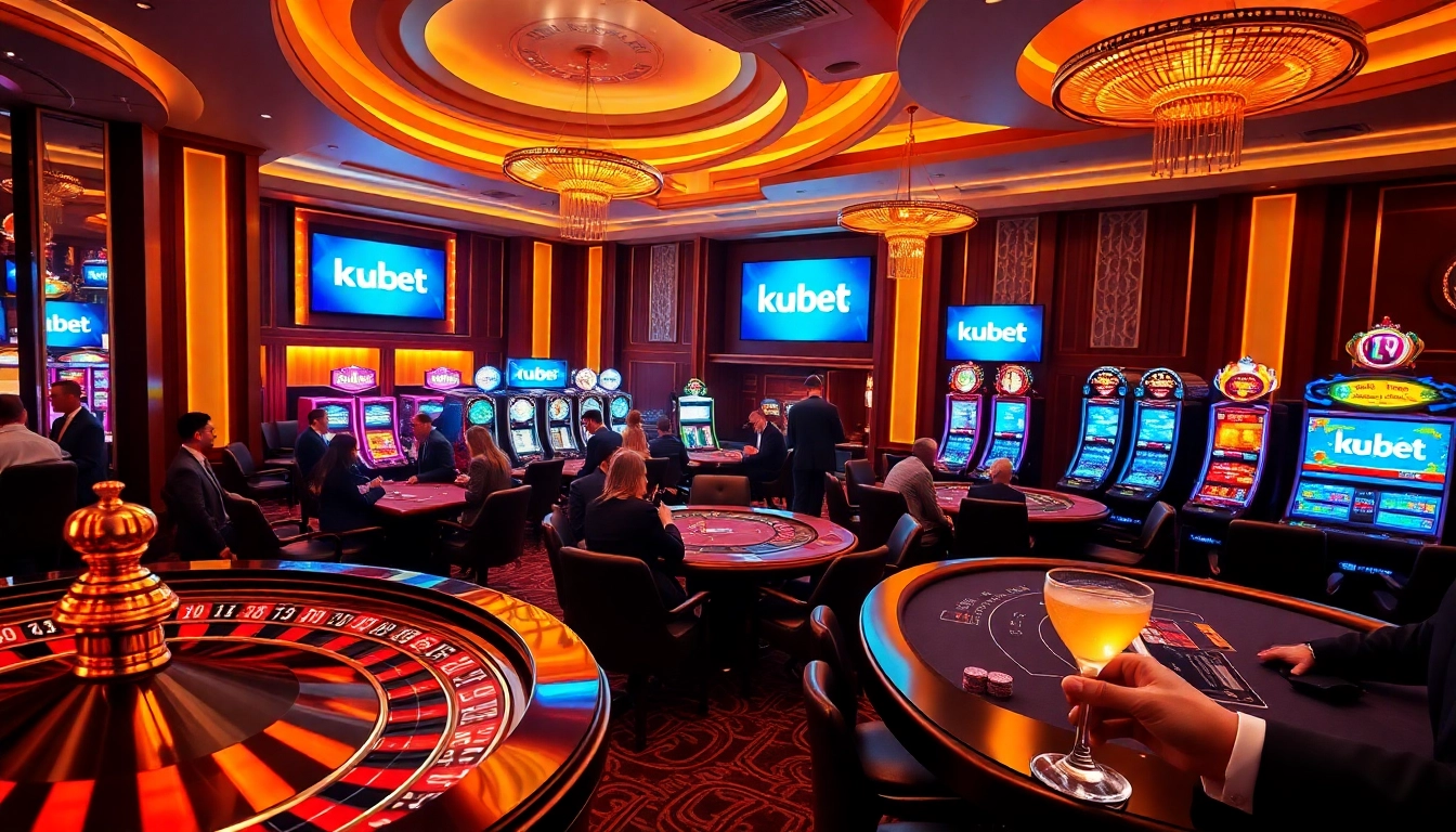 Experience the thrill of kubet at a glamorous casino, featuring poker tables and bright slots.