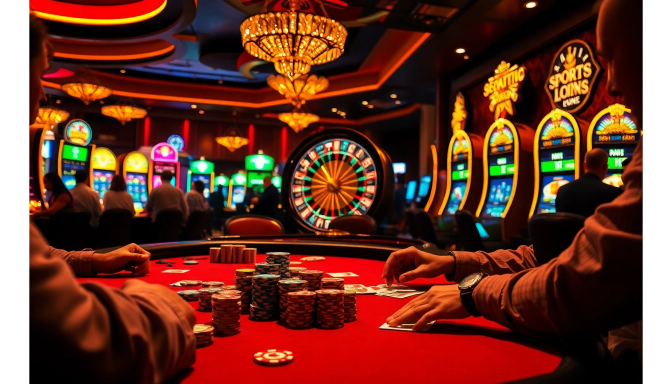 Players engaging in high-stakes poker at https://nhacaiuytin.place/ casino highlighted by colorful chips and a roulette wheel.