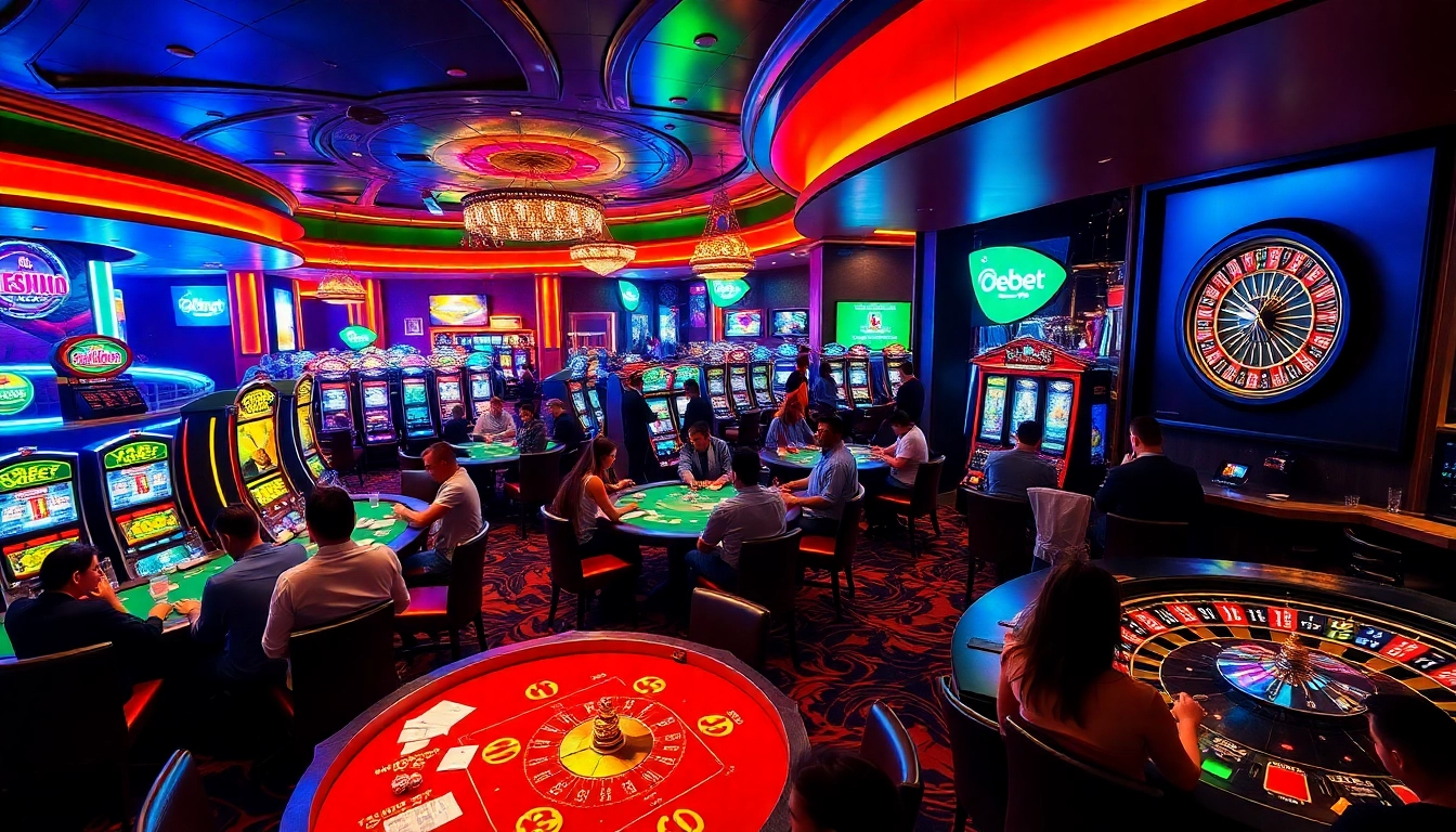 Experience the excitement of gaming at a casino with the link Debet highlighted on promotional screens.