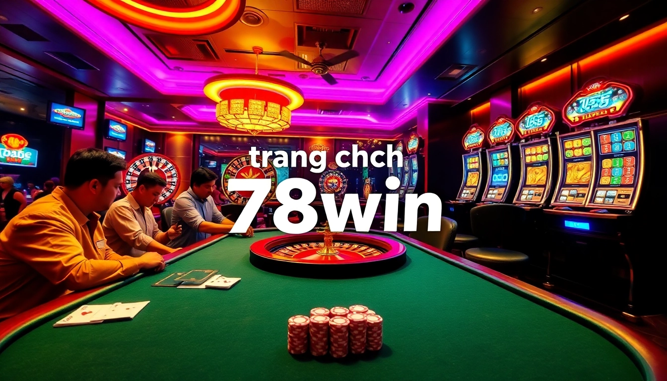 Players enjoying intense poker action on trang chủ 78win in a vibrant casino atmosphere, featuring bright lights and engaging gambling activities.