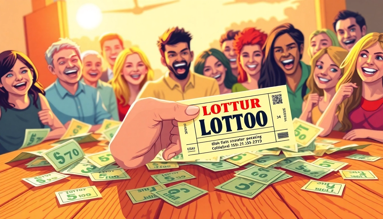 Celebrate winning the lottery with colorful tickets and excited players.