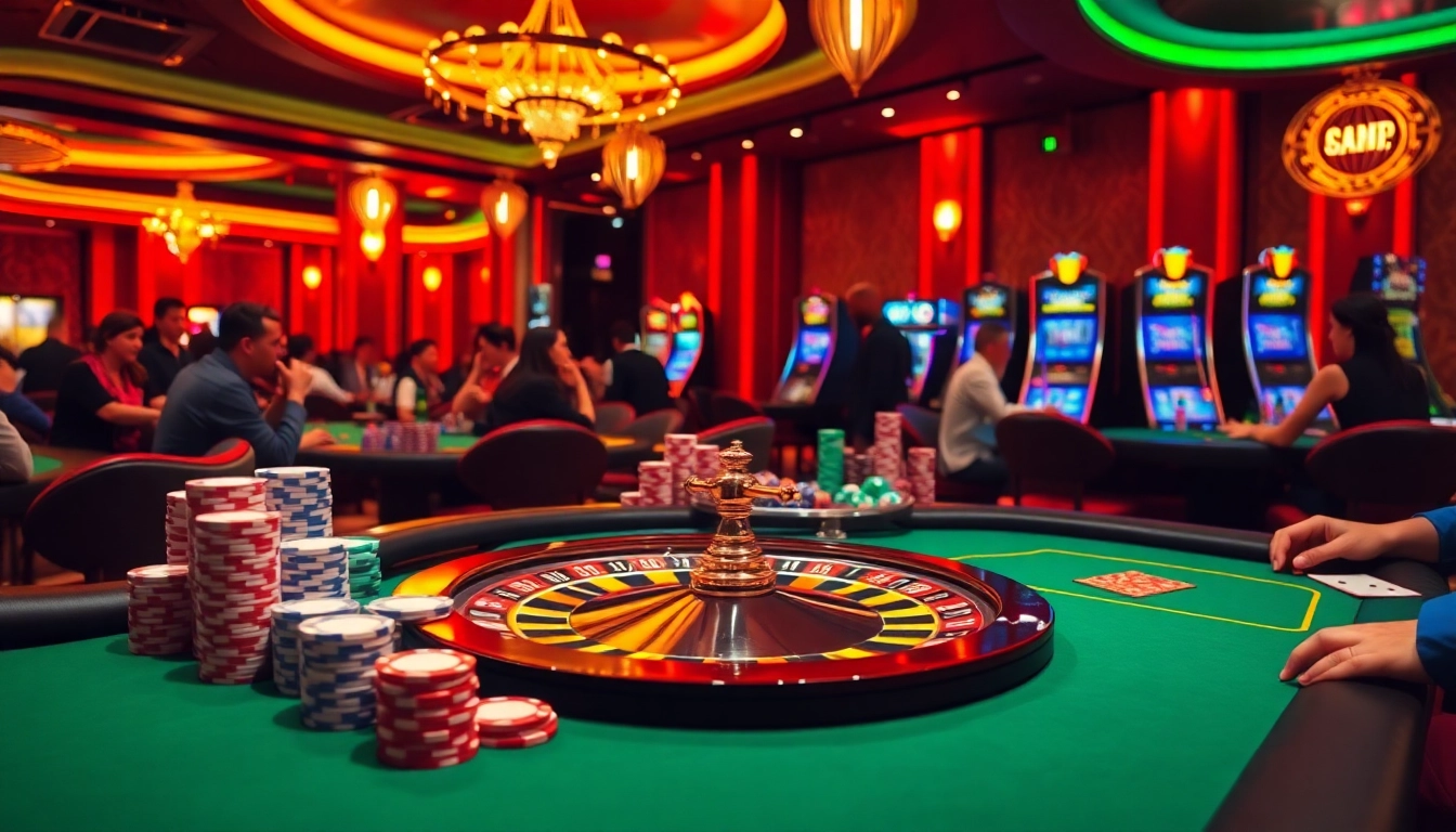 Experience the excitement of winning at trang chủ rr88 with roulette and poker tables in a vibrant casino setting.
