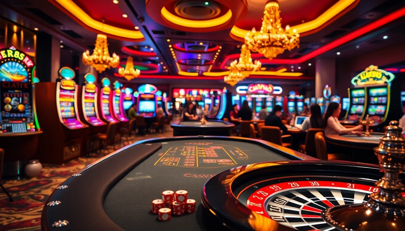 Players enjoying an engaging game at rr88 casino poker tables, amidst vibrant slot machines and luxurious decor.