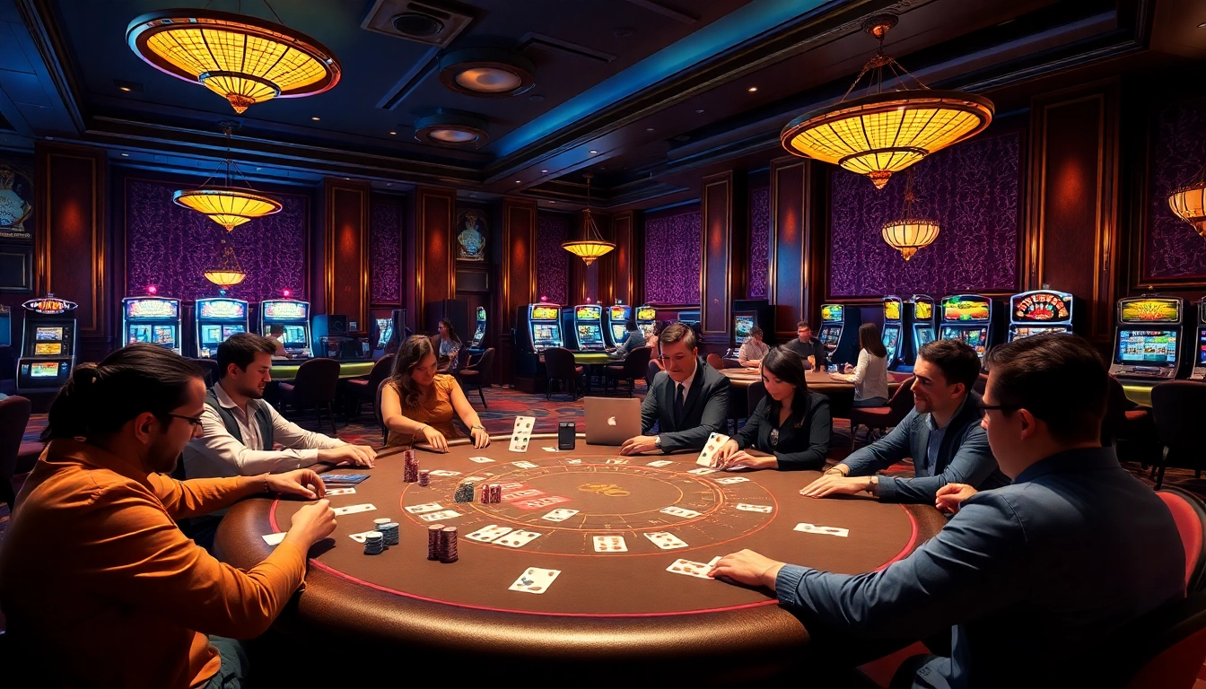 A vibrant casino scene at bet88vn.locker showcasing players engaged at a poker table, with roulette and slots in view.