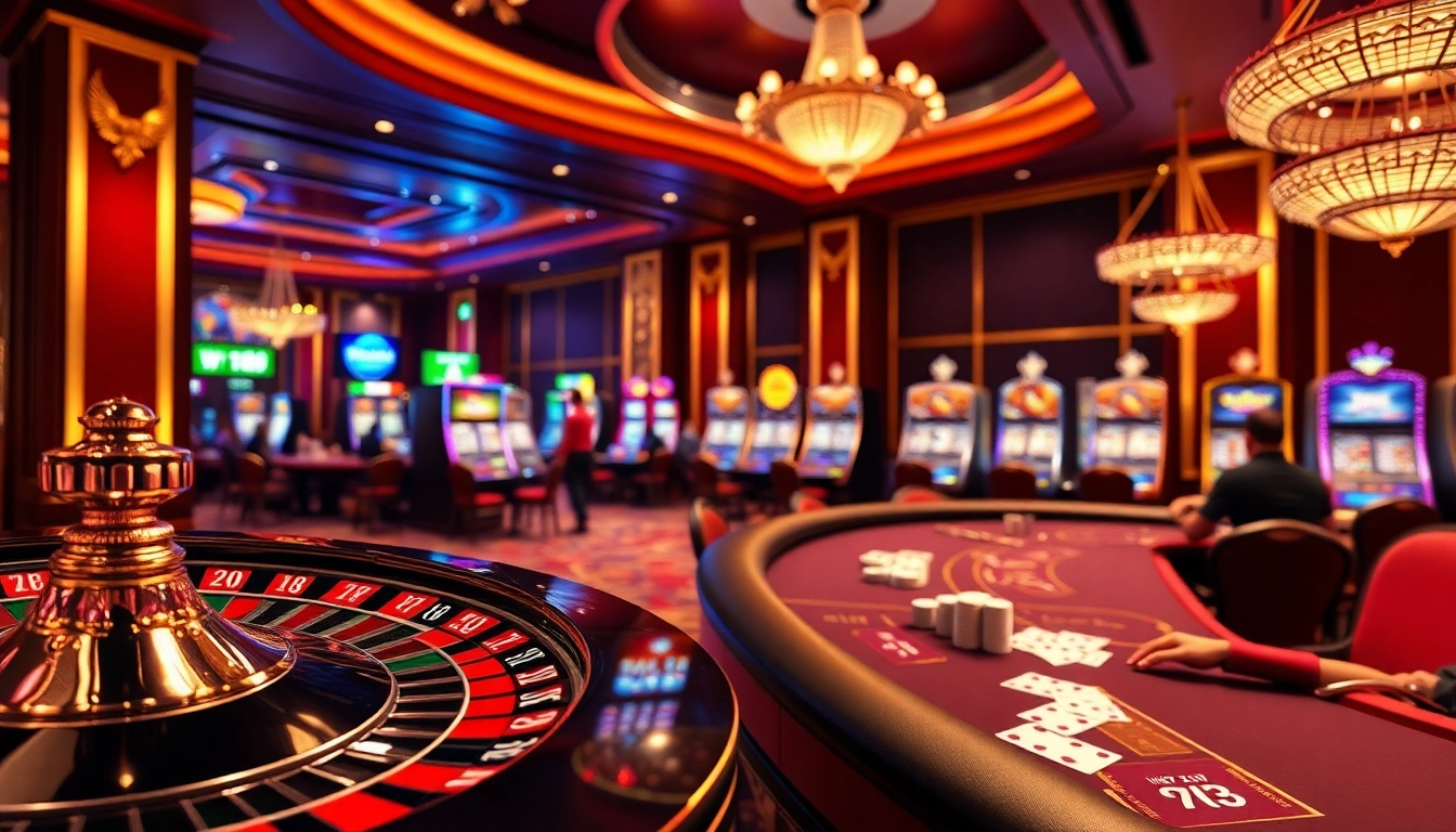 Explore the vibrant atmosphere of trang chủ WW88 with exciting casino games featuring roulette wheels, poker tables, and slot machines.