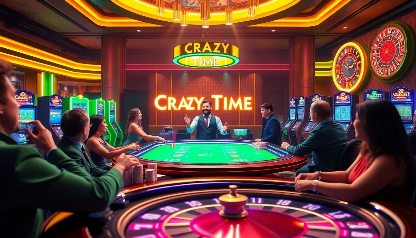 Experience the thrill of live crazy time as players engage in a bustling casino scene filled with vibrant colors and excitement.