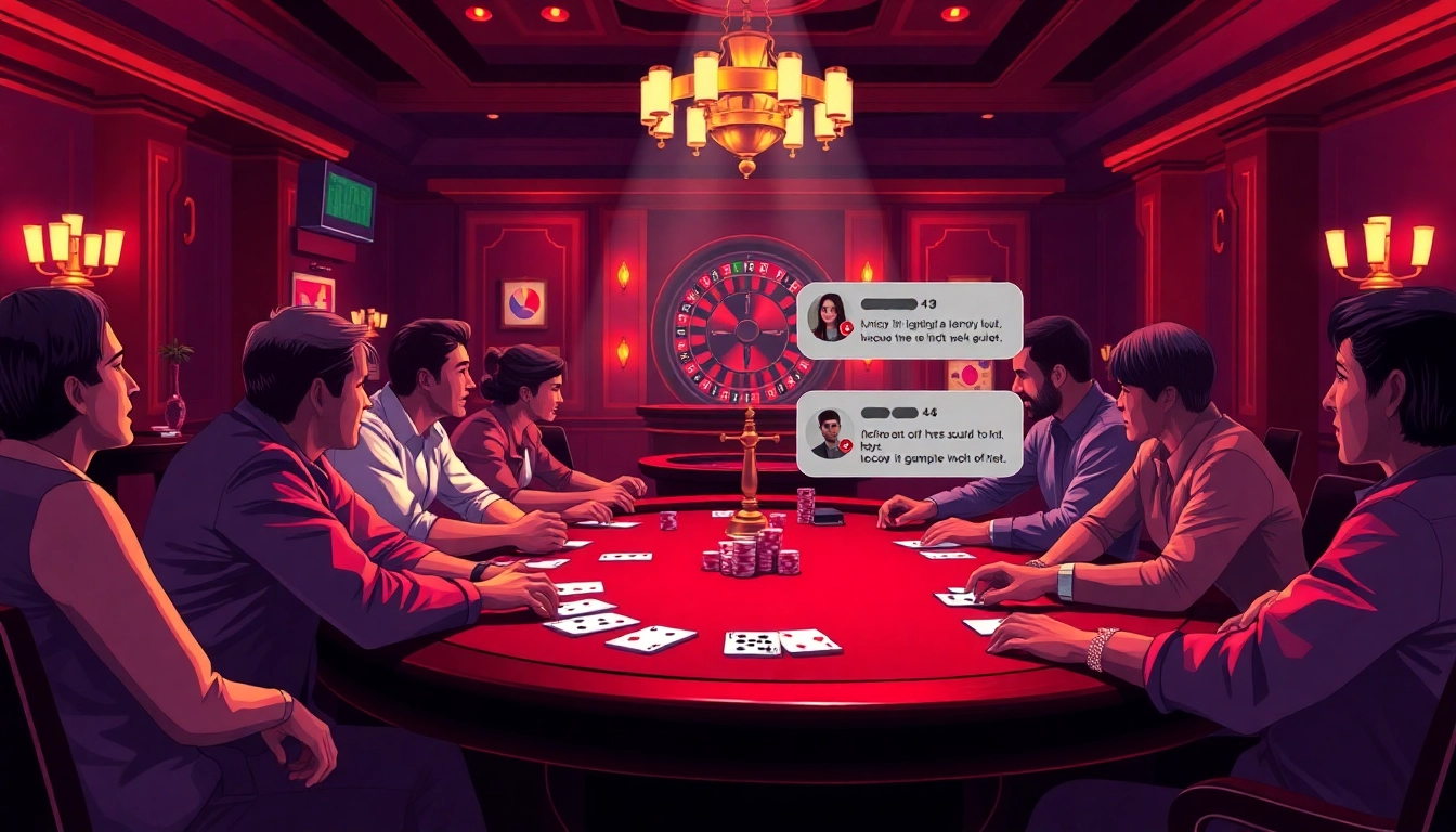 Engage in thrilling casino games with chat +18 interactions among players, showcasing poker chips and lively gameplay.