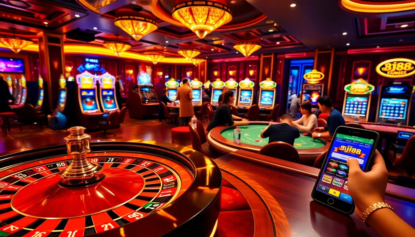 Experience the excitement of BJ88 thomo with players winning at the poker table in a vibrant casino setting.