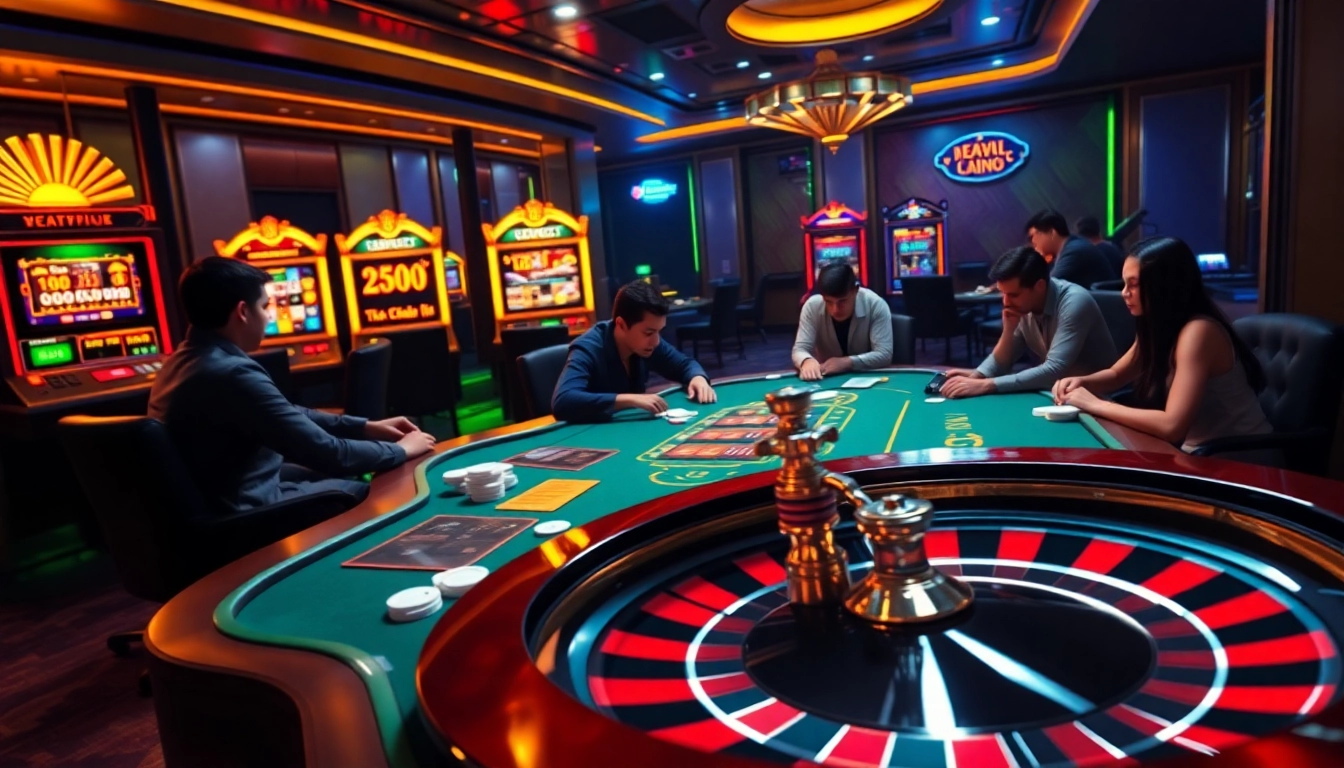 Experience electrifying games at bet88vn.locker, featuring a vibrant poker table, slot machines, and thrilling roulette vibes.
