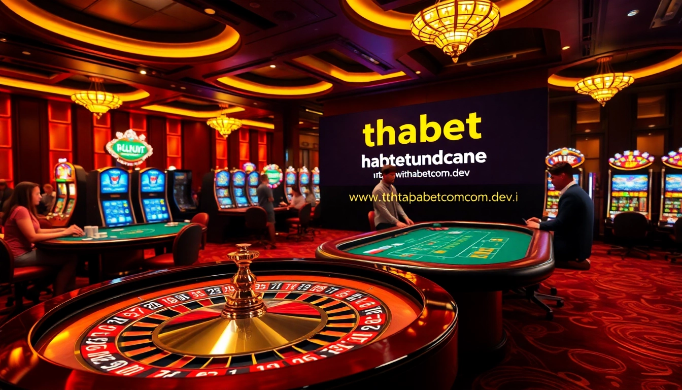 Experience thrilling gambling at https://thabetcom.dev/ with an engaging roulette wheel and blackjack table in a luxurious casino setting.