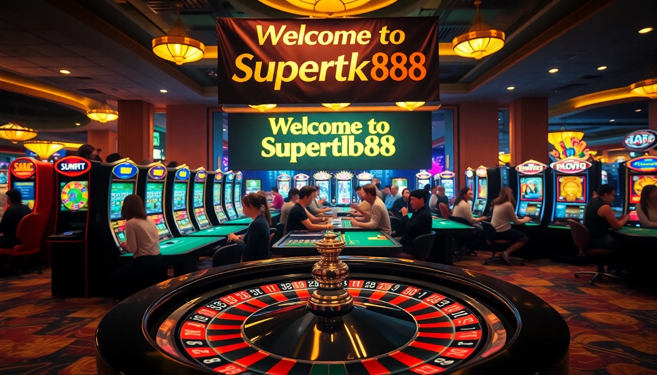 Excited gamers at Supertkb88 engaging with thrilling casino tables and machines.