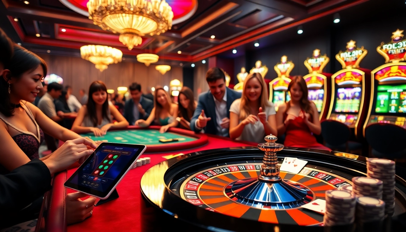 Experience the excitement of FB88 as players engage in thrilling casino games at vibrant roulette tables.
