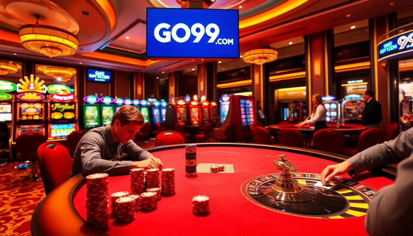 Players strategizing at a poker table in a luxurious casino setting showcasing GO99COM, vibrant slot machines in the background.